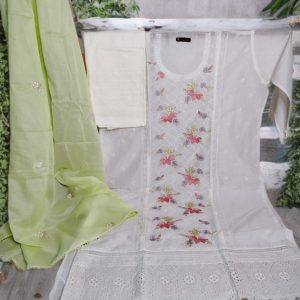 Elegant White Embroidered Cotton Three-Piece Set